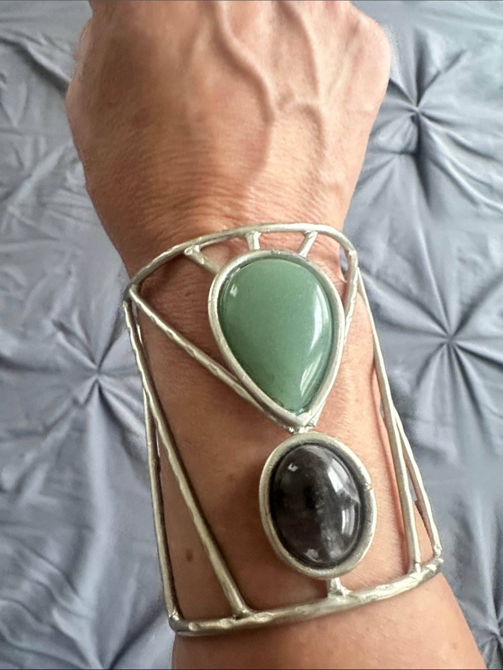 Green Teardrop & Black Oval Open Cuff Bracelet